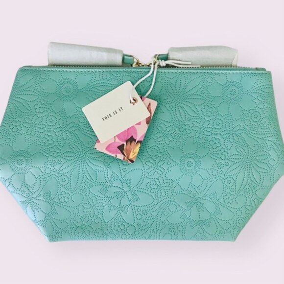 Typo Large Floral Embossed Cosmetic Zip Bag Toiletries Makeup Travel Teal Blue - Picture 4 of 6